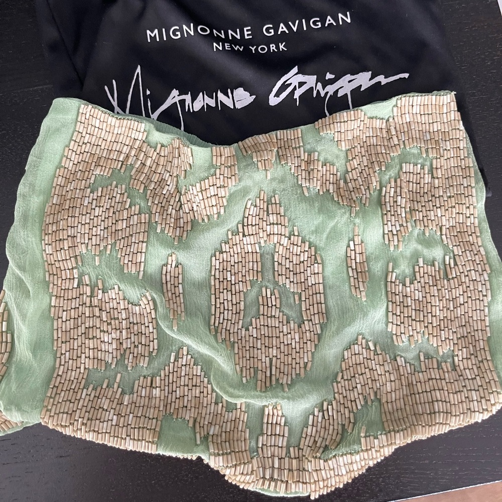 Mignonne Gavigan Le Charlot Ikat Silk Chiffon Scarf Necklace Green w/ Khaki bead
